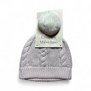 Catherine Malandrino Blush Pink Beanie Hat with Faux Fur Pom Pom NWT